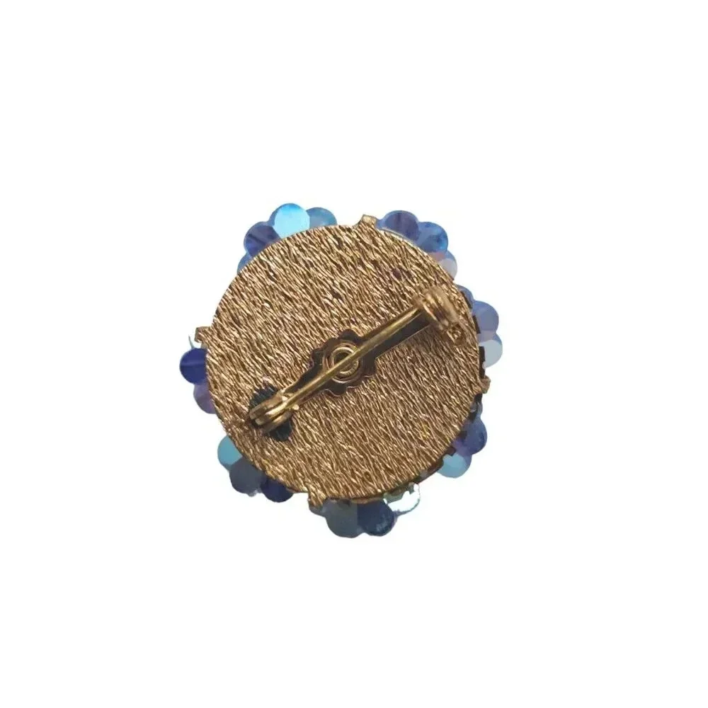Blue Rivoli Rhinestone Cluster Flower Glass Brooch Pin Gold Tone Vintage